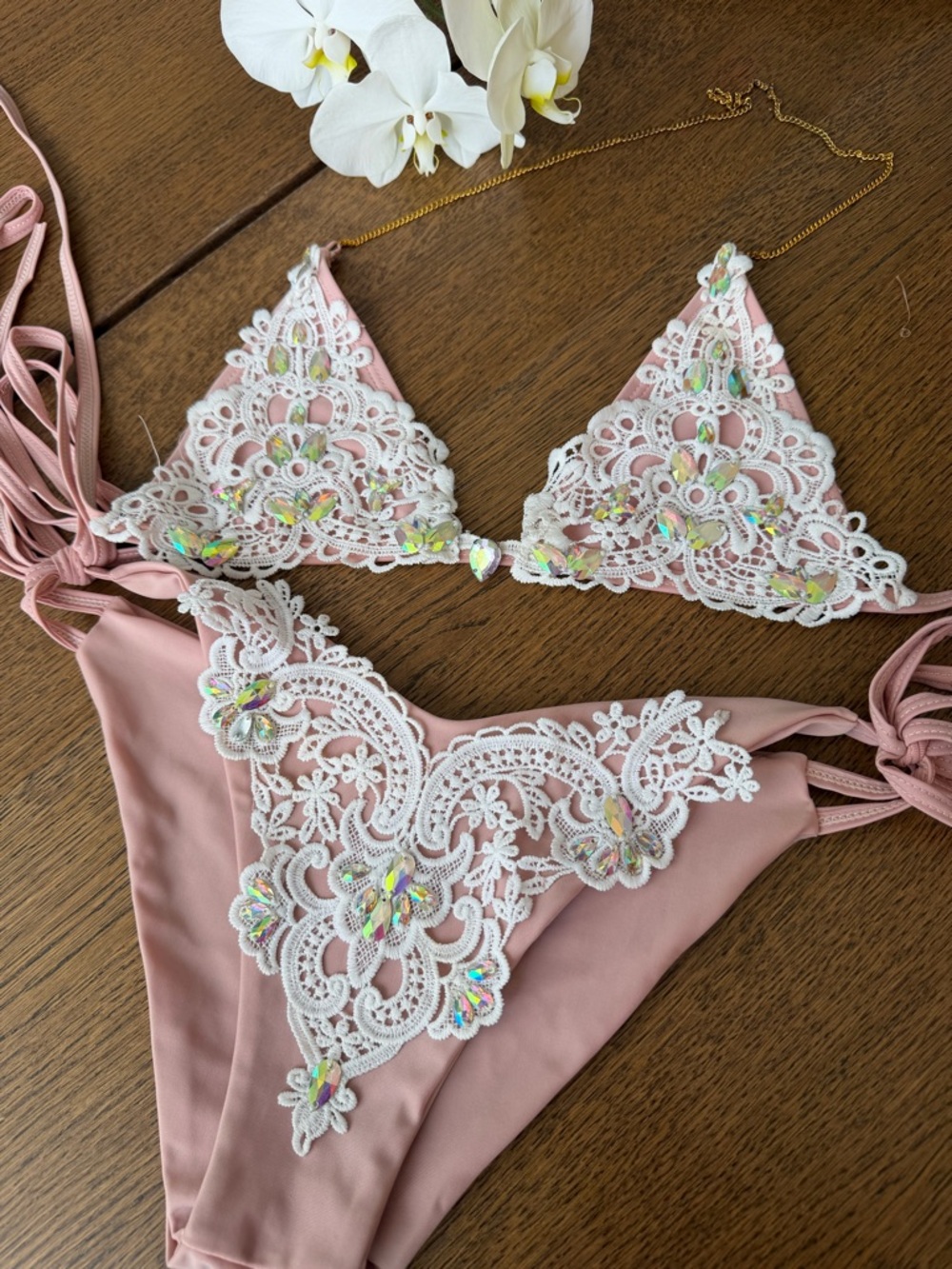 Pink Lace Applique Bikini Set with Iridescent Accents
